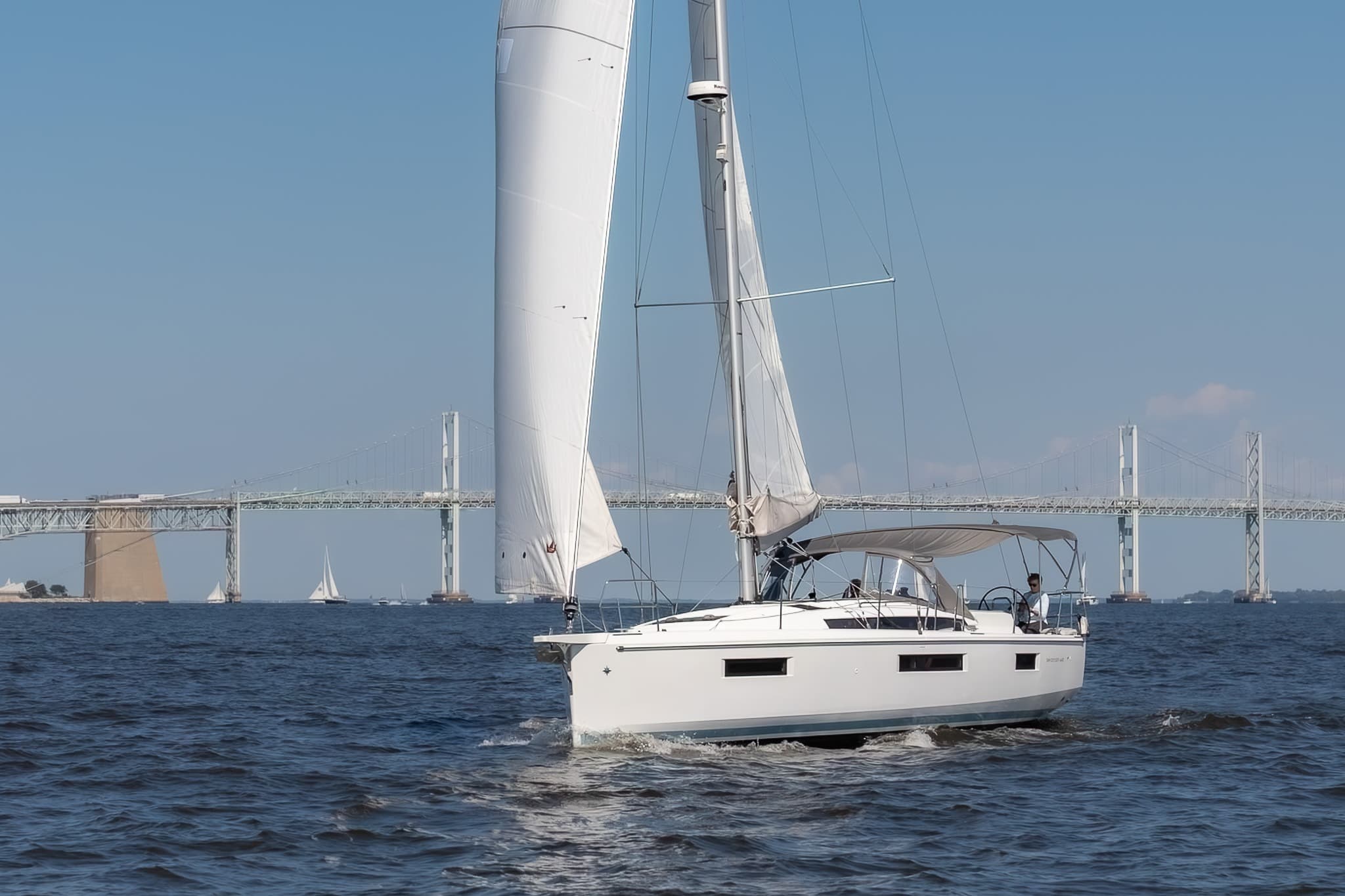 Sailboat under sail near the Chesapeake Bay Bridge, Annapolis
